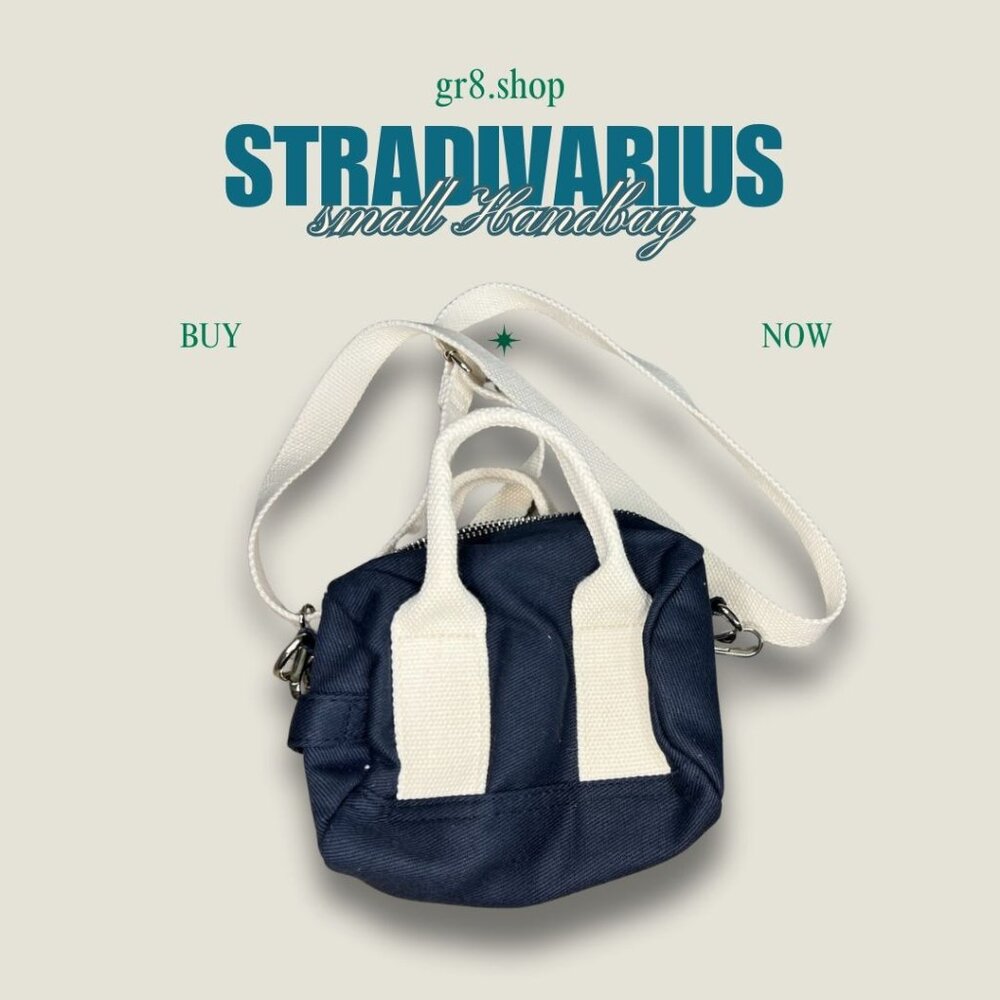 Stradivarius Navy Blue Small Handbag With White Straps & Silver Hardware